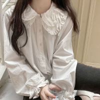 QWEEK Kawaii Lace Shirt White er Pan Collar Blouses with Lush Sleeve Fall 2021 Korean Lolita Preppy Style Button Up Cute Tops