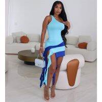 【HOT】㍿☂♤ Color Patchwork Beach Inclined Shoulder Sleeveless Bodycon Night Vestidos