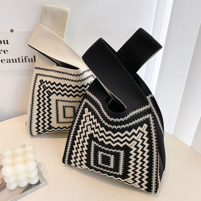 Shopping Bags Stripe Shopping Reusable Wide Plaid Handmade Color Bags Bag Japanese Knot Tote Knit Wrist