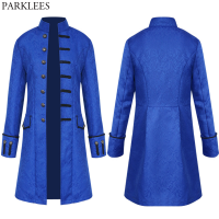 Royal Blue Floral Jacquard คอสเพลย์เสื้อสูทยาวผู้ชาย Steampunk ยุคกลางเครื่องแต่งกายบุรุษ Pirate Viking Renaissance Tuxedo Coats