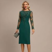 【YF】 Classic Mother of the Bride Dresses Lace Appliques Tea-Length Full Sleeve Scoop Neck Party Dress Simple Sheath Moms Prom Gown