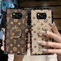 เคสโทรศัพท์ลายหนังคลาสสิกสำหรับ Xiaomi POCO X3 X3 Pro X3 NFC POCO C3กล่องสี่เหลี่ยมหรูหราย้อนยุครูปแบบขนาดเล็กฝาหลัง + แหวนหมุน360องศา