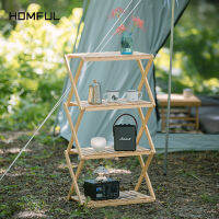 HOMFUL【COD】 Outdoor Camping มัลติฟังก์ชั่ปิคนิคชั้นวางของไม้ที่เป็นของแข็งแบบพกพาชั้นเก็บของแบบพับได้ตาราง OT0082