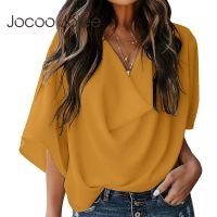 Jocoo Jolee Women Chiffon V-Neck Solid Pleated Flare Sleeve Loose Summer Casual Basic Pullover Elegant Blouse Office Lady Shirt