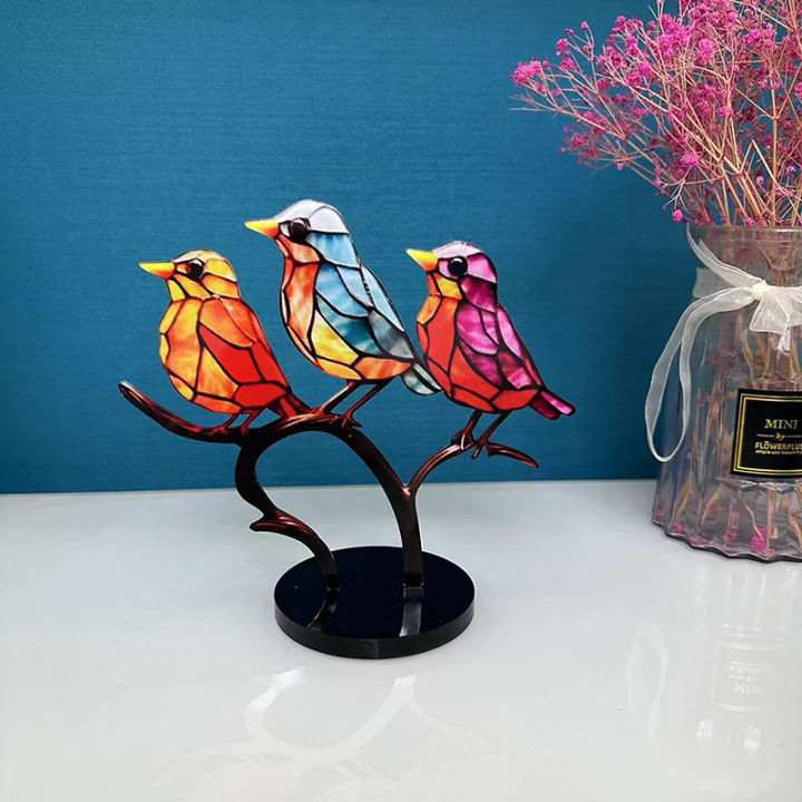 jiang-นกสีบนกิ่งไม้เครื่องประดับแบบตั้งโต๊ะชุดนกสีสันสดใสสองด้านงานฝีมือศิลปะเหล็กสำหรับตกแต่งบ้าน