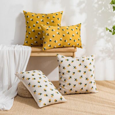 Yellow White Flower Cushion Cover 45x45/30x50cm Sunflower Floral Embroidery Pillow Case French Vintage Home Balcony Room Decor