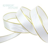 (25 yards/lot) 20mm White Satin ribbon gold edge wholesale high quality gift packaging ribbons Gift Wrapping  Bags