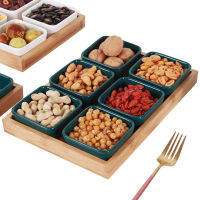 Japan Style Ceramic Fruits Plates with Bamboo Serving Tray Home DessertsNuts Plates Creative Snacks Plates Sauce Dish