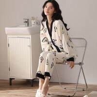 QSROCIO New Autumn Womens Pajamas Set High Quality Pit Stripes Sleepwear V Neck Cotton Nightie Homewear Nightwear Pyjamas Femme