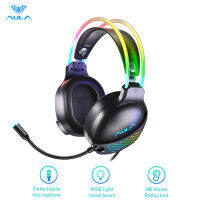 AULA S503 Gaming Headset แถบคาดศีรษะ RGB Cool LED ตัดเสียงรบกวน7.1สเตอริโอ360 ° Mic HD โทรน้ำหนักเบาออกแบบผิวเหมาะกับแล็ปท็อปพีซี