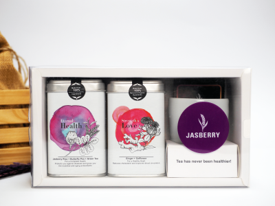 Jasberry ชุดของขวัญ เซตชาออร์แกนิคแจสเบอร์รี่ 2 กระป๋อง และถ้วยชาเซรามิก ชุด B-01 Gift Set 2 Organic Herbal Tea Blend + Ceramic Mug  (750 g)
