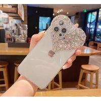 กล้องเลนส์ใสหัวใจรักเคสโทรศัพท์นิ่มติดเพชรกากเพชรสำหรับ Iphone 14 13 Pro Max 12 11 XR X XS 7 8 Plus SE 20