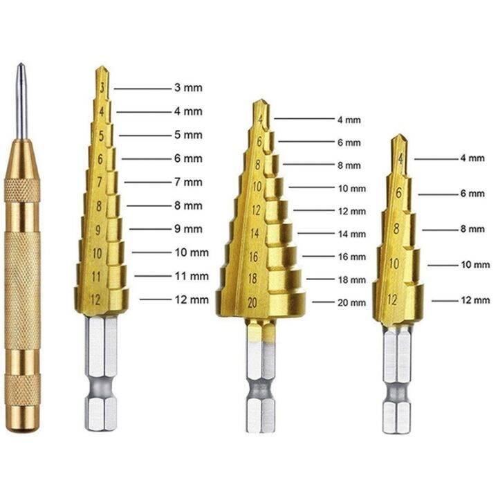 hss-step-drill-bit-sets-straight-groove-titanium-coated-cone-hole-cutter-with-automatic-center-punch-for-metal-wood-tool