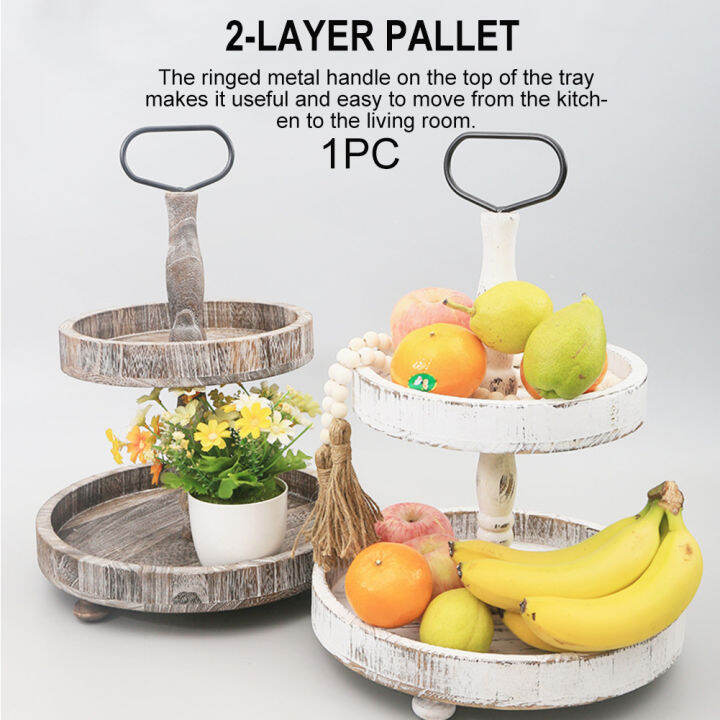 Wooden Fruit Tray Handmade 2 Tier Coffee Bar Serving Home Decor
