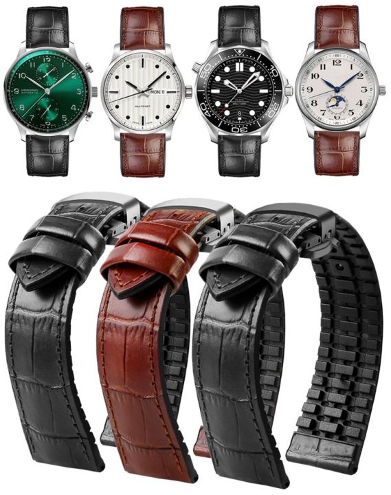 สายนาฬิกากันน้ำสำหรับ-omega-iwc-longines-mido-ของแท้หนังยางสายนาฬิกาอุปกรณ์เสริมหัวเข็มขัดผีเสื้อ