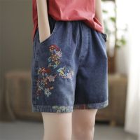 【มีไซส์ใหญ่】Plus Size M-3XL Womens Floral Embroidery Denim Shorts Elastic Waist Vintage Hot Shorts