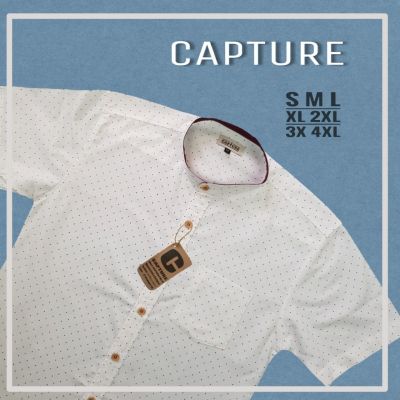 Capture Shirt เสื้อเชิ้ตผู้ชาย เชิ้ตแขนสั้น คอจีน ลายจุดสองสี สีขาว มีถึงอก 48 นิ้ว