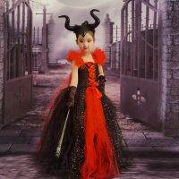 【CC】 Vampiress Gown Tutu with Horns Kids Witch Dresses Evil Costume