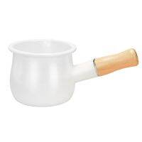 Enamel Milk Pan, Mini Butter Warmer 10cm Enamelware Saucepan Pan Cookware with Wooden Handle, Perfect Size for Heating Smaller Liquid Portions. (White)