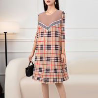 New Women S Loose Plus Size Plaid Print Stitching Round Neck Pleated Dress