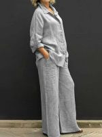 【DT】hot！ Cotton Suits 2023 Sleeve Shirt Wide Leg Trousers Piece Set Female Straight Pants