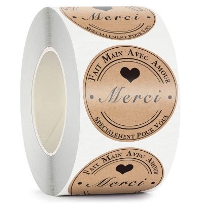 100/500pcs Roll Kraft Paper Merci French Thank You labels Stickers Envelope Package Seal Labels 25MM 38MM Baking Decorations