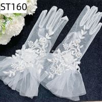 ❈❅ White Bride Dress Gloves Mesh Bow Pearl Elegant Lace Short Gloves Wedding Accessories Party Prom Women Bridal Gloves