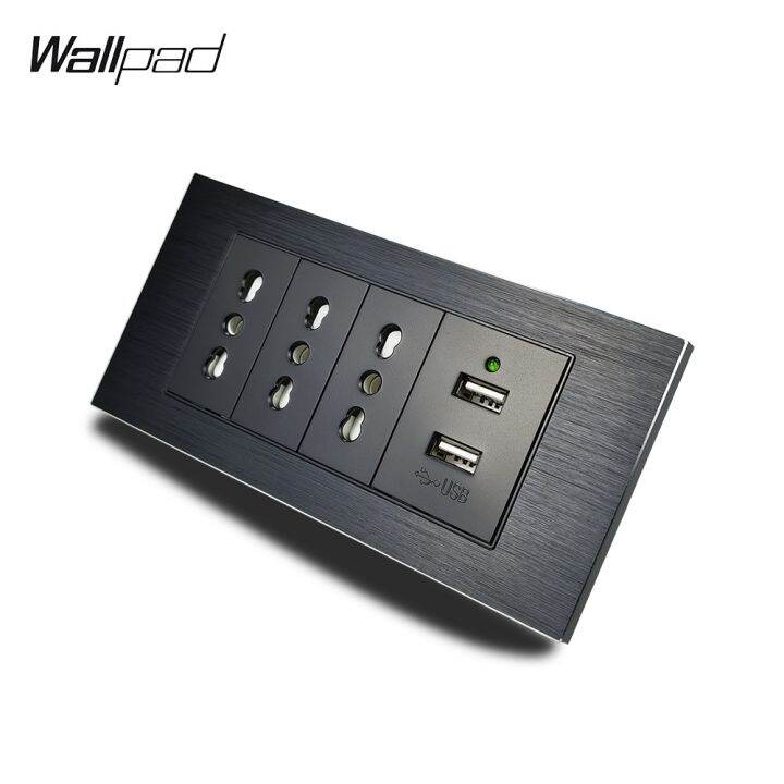 new-popular89-153x75mm-อิตาลี-wallwith-usb-wallpad-l3อลูมิเนียมสีดำ-panelusb-ชาร์จกับ-triple-itwallloutlet