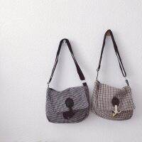 【CW】 cloth lattice children  39;s flap diagonal bag baby buckle shoulder school children backpacks