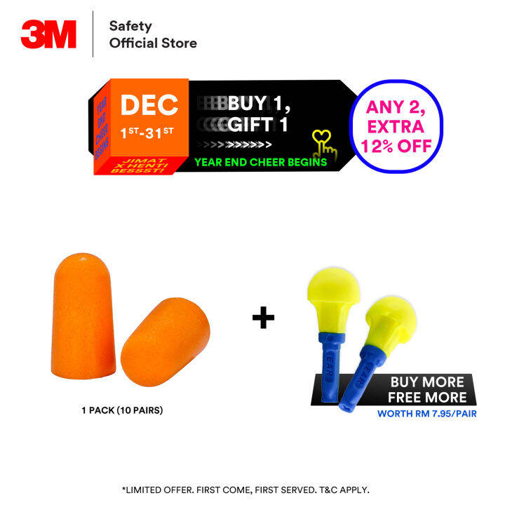 3M 1100 Soft Foam Earplugs SNR 37 dB/ DOSH SIRIM Approved/ Travel