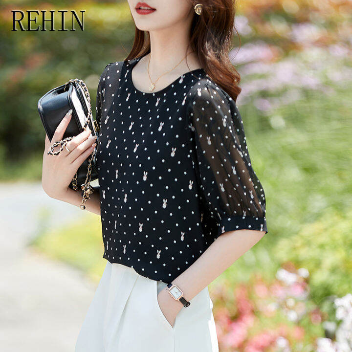 เสื้อแขนสั้นลายจุดสัตว์-rehin-ใหม่ฤดูร้อนเสื้อสตรีชีฟองแขนพองหลวม