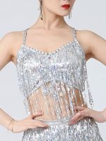 hot【DT】 Sequin Tassel Crop Top V-neck Back Padded Belly Costume