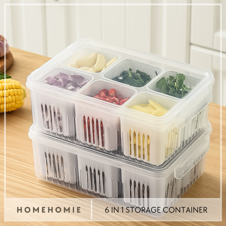 Homehomie 6 Compartment Transparent Airtight Fruit Ginger Garlic Onion