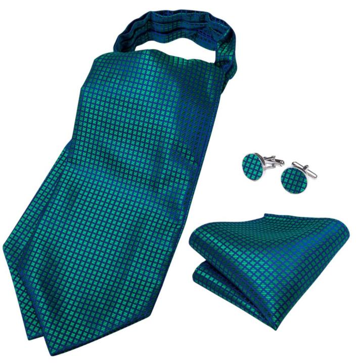 mens-vintage-สีเขียวสีฟ้าตรวจสอบผ้าไหมเนคไท-cravat-ascot-tie-ผ้าเช็ดหน้าชุดผูกงานแต่งงาน-ascot-scrh-เนคไท-dibangu