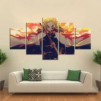 Kimetsu ไม่มี Yaiba Rengoku Kyojuro อะนิเมะ HD ภาพวาด Wall Art Home Decor ภาพผ้าใบโปสเตอร์อุปกรณ์ตกแต่ง5แผง