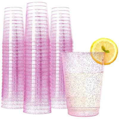 【CW】♣▧✈  50 Pieces of 12 oz Gold Cup Disposable Sparkling Plastic Cup-High-End Wedding Pink Cup-Party