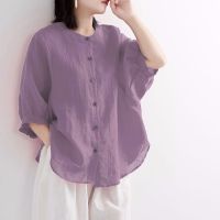 Js Women Shirts Summer Tops Cotton Linen Blouse Lantern Sleeves Vintage Loose Medium Sleeves Plus Size Shirt Ladies2022