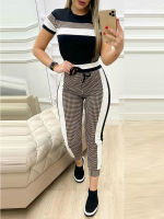 Colorblock Plaid Striped Short Sleeve Tape Top &amp; Drawstring Pants Set Casual Basic Women Two Piece Set