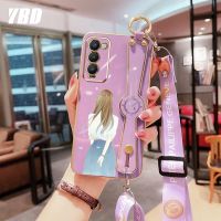 YBD สายรัดข้อมือเคสโทรศัพท์สำหรับ Infinix Tecno Camon 18 18T 18P พร้อมเคสสีลูกอมชุบด้วยไฟฟ้าฟรีสายคล้องพร้อมการป้องกันกล้องที่แม่นยำ