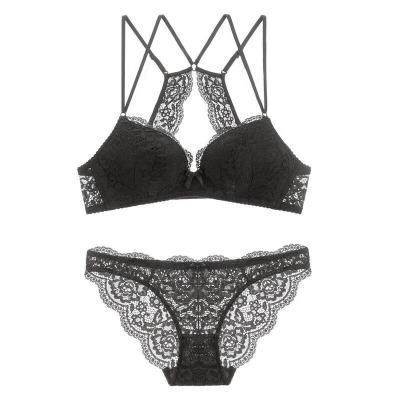 Lace Deep Plunge Double Straps Backless Bra Seamless Wireless Bra and Panty Set Women Underwear without Stones Push Up Lingerie