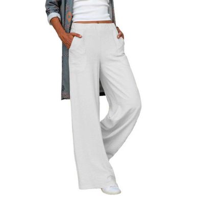 ลำลองสีบริสุทธิ์กางเกงผู้หญิงขายาวสำหรับผู้หญิงขาตรงระบายอากาศได้ดีกระเป๋าด้านข้างสำหรับใส่ในบ้าน