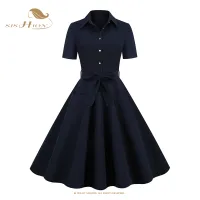 SISHION Navy Blue Vintage Pinup Robe Cotton Long Dresses Women Button Up Belted Pockets Rockabilly Swing Dress Elegant VD3328