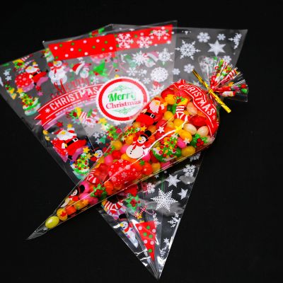 100pcs Christmas Transparent Package Cello Cellophane Cone Sweet Candy Party Wedding Favor Gift Bags Free Ties DIY Gifts Gift Wrapping  Bags