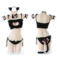 Lovely Neko Cosplay Costumes Cute Lolita Cat Collar Pierced Bra Brief Set Underwear y Lingerie Bell Choker+Top+Pantie+Tail