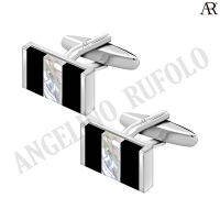 ANGELINO RUFOLO Cufflink(คัฟลิงค์) ดีไซน์ Stripes Rectangle กระดุมข้อมือคัฟลิ้งโรเดียมคุณภาพเยี่ยม ตัวเรือนสีเงิน ประดับตกแต่งด้วย White Pearl / Black Onyx