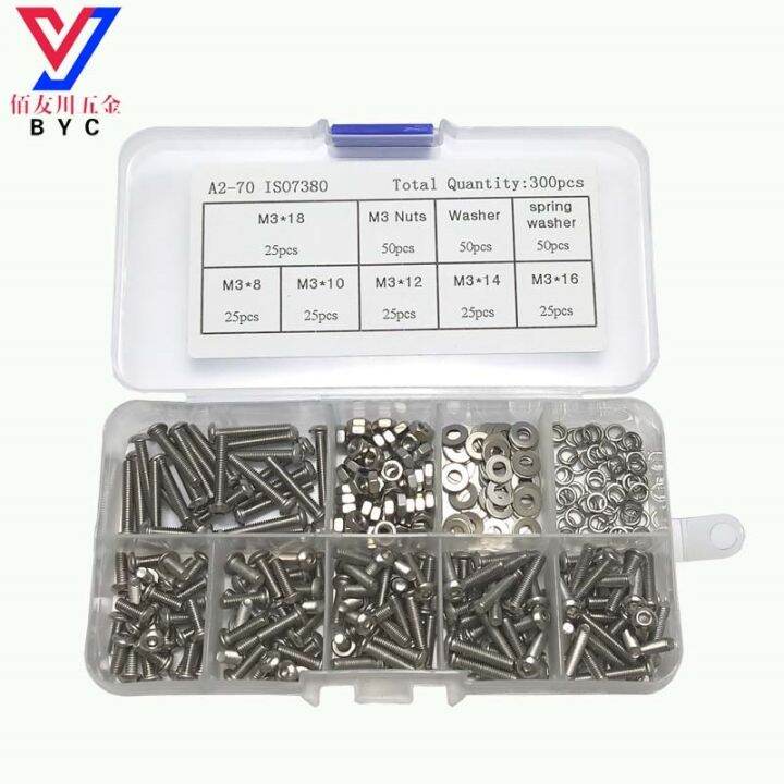 300pc/set Assortment Kit Stainless Steel Hex Socket Screw Bolt Nut M3