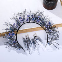 Baroque Black Handmade Crystal Beads Tiaras Headbands Tassel Earrings Set Blue Flowers Bridal Hairbands Wedding Hair Accessories