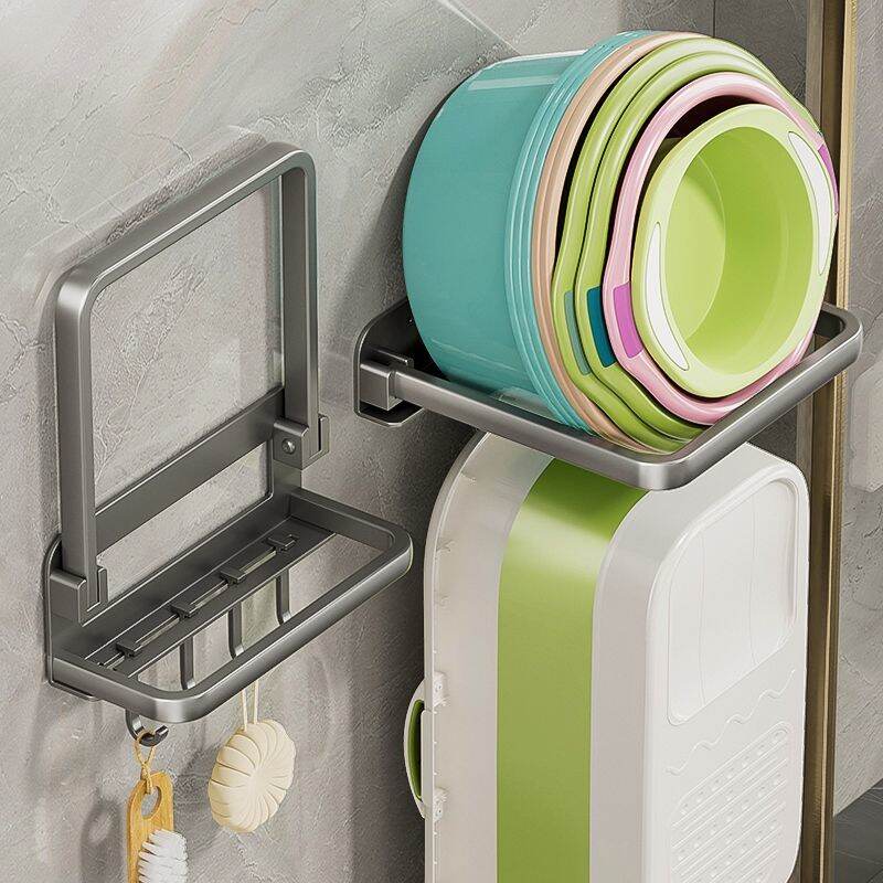 Wall Mounted Multiple Wash Basin Storage Racks with Poles and Hooks, Bathroom Towel Hanger, Foldable Kitchen Sink Rack, Saving Space