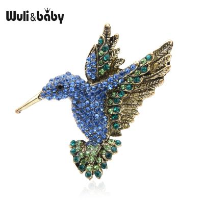Wuli&amp;baby Pink Blue Rhinestone Hummingbird Brooches Women Men Vintage Animal Brooch Pins Gifts