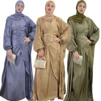 4pcs ซาติน Eid ramadan ผู้หญิง abaya Hijab เปิดเสื้อสเวตเตอร์ถักชุดตุรกีดูไบ Kaftan อิสลามเสื้อผ้าอาหรับปากีสถาน CA ca.ftan Robe